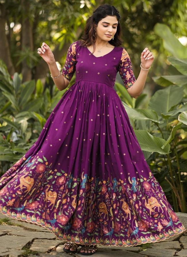 Chinnon Purple Traditional Wear Printed Readymade Gown